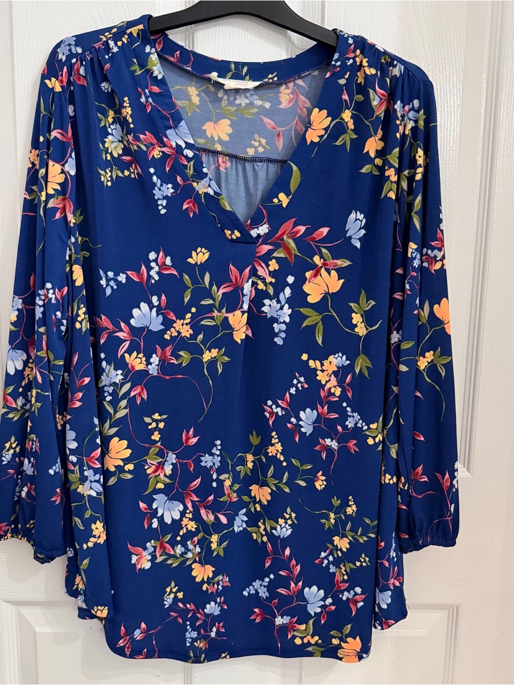 Vince Camuto Blue Floral Top with Green and Cream Accents